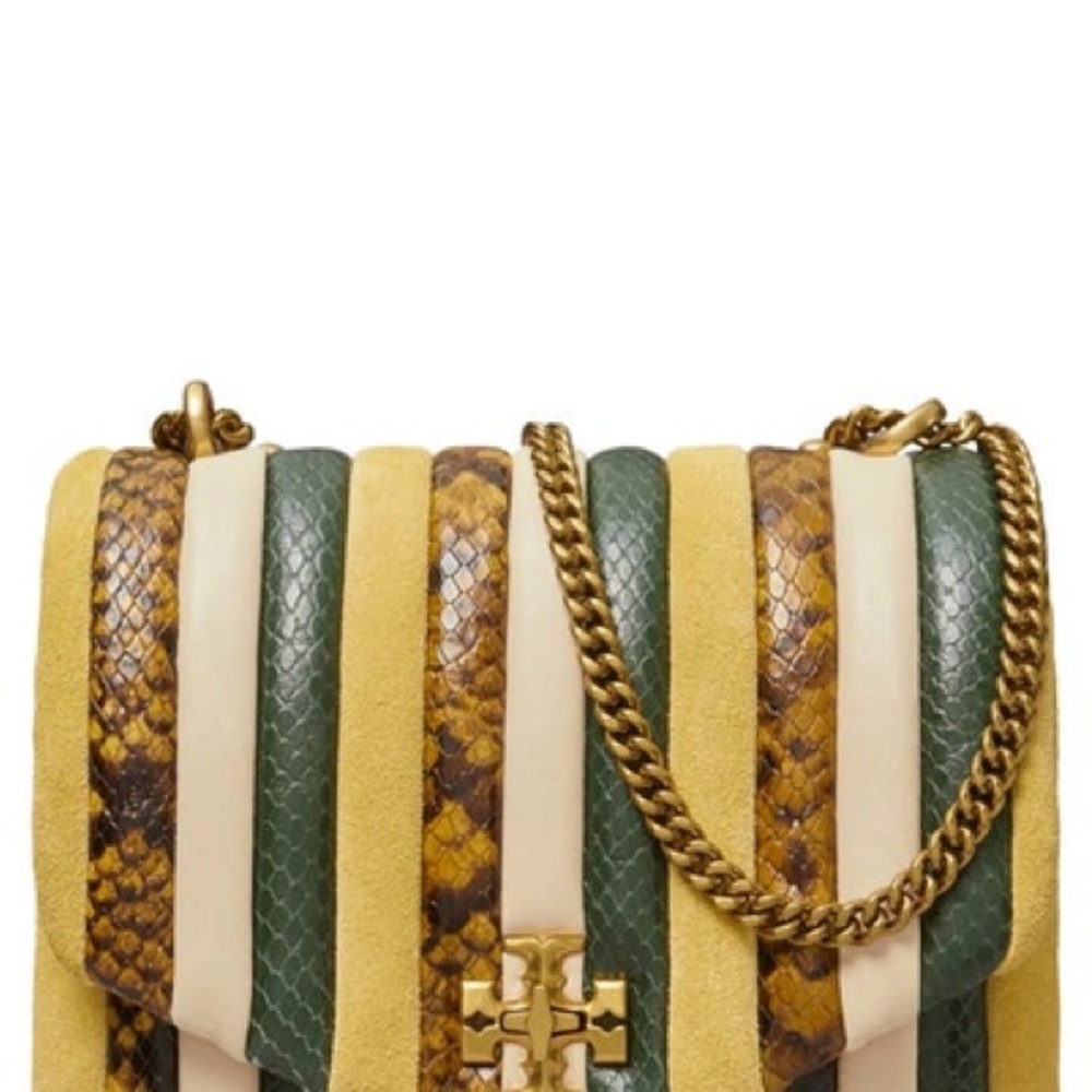 Tory Burch KIRA EXOTIC STRIPE SQUARE LEATHER CROSSBODY BAG IN YELLOW MULTI